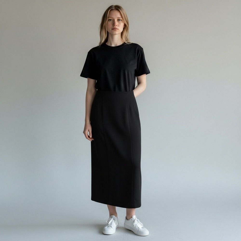 Vintage ELLEN TRACY Black High Waist Maxi Pencil Skirt 10 Minimalist Column Work